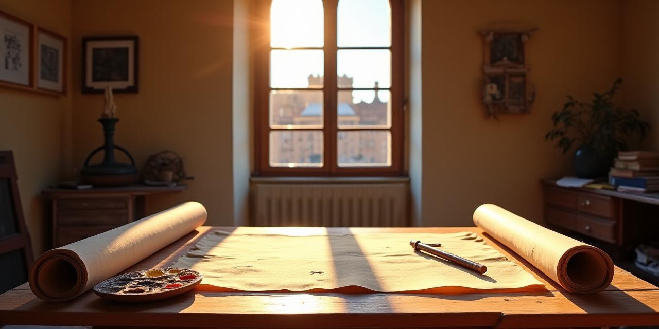 Un artista nel suo studio tra pennelli e pergamene