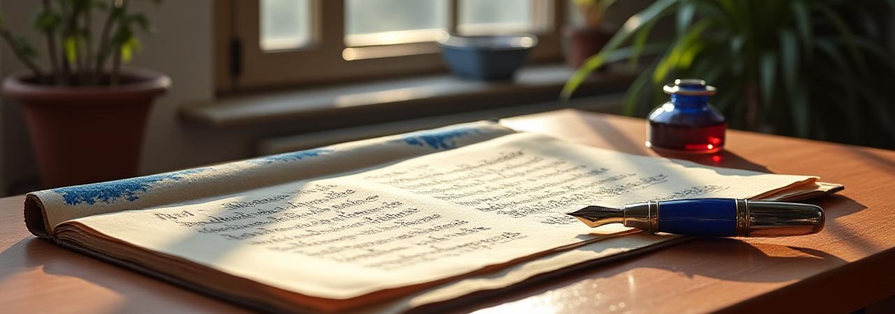 Un antico manoscritto con calamaio in un ambiente rinascimentale moderno