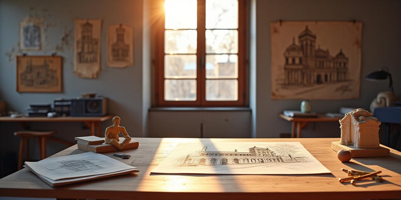 Un laboratorio artistico moderno a Roma circondato da bozzetti rinascimentali